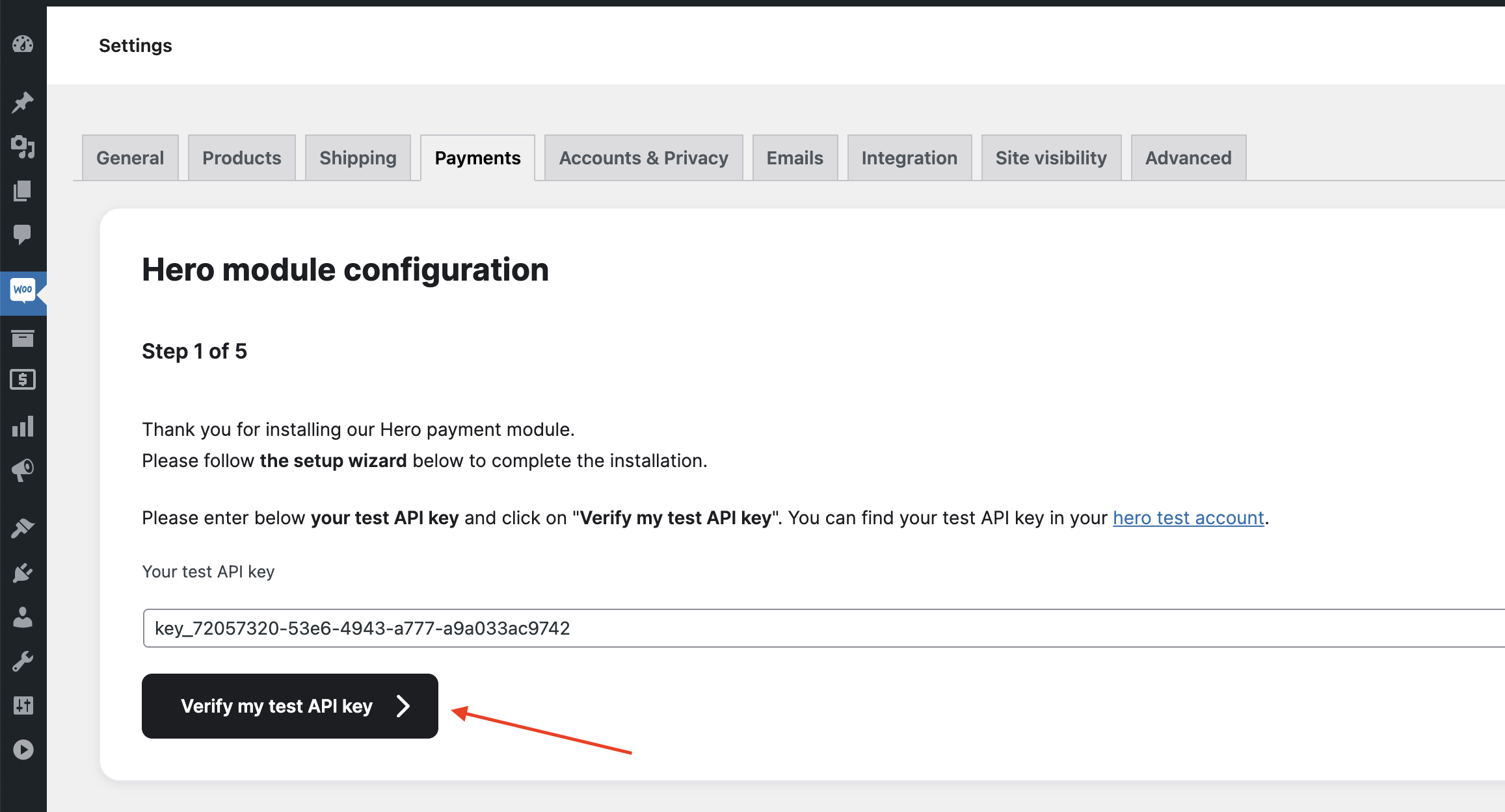 Bouton Vérifier ma clé API de test