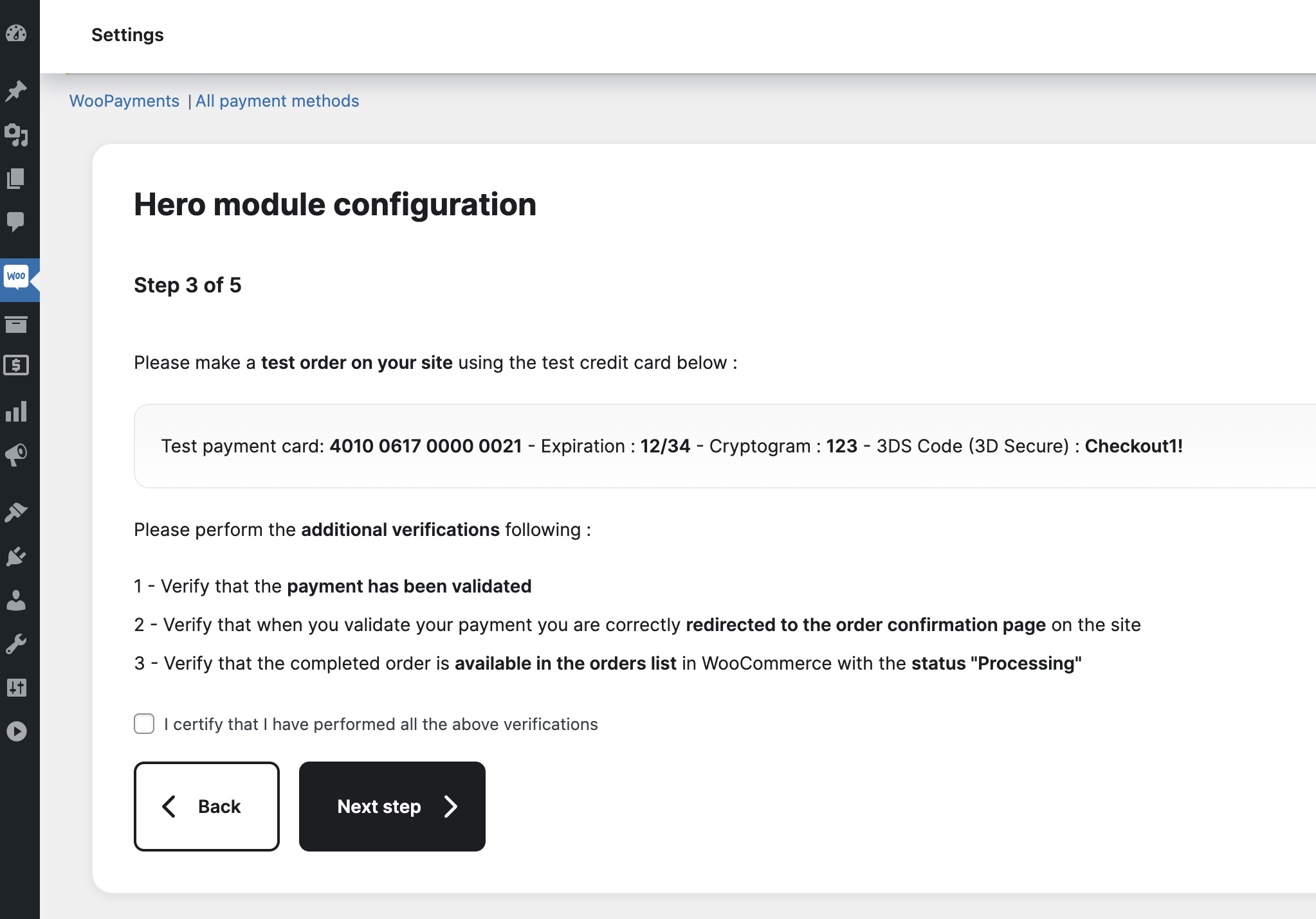 Instructions de paiement test