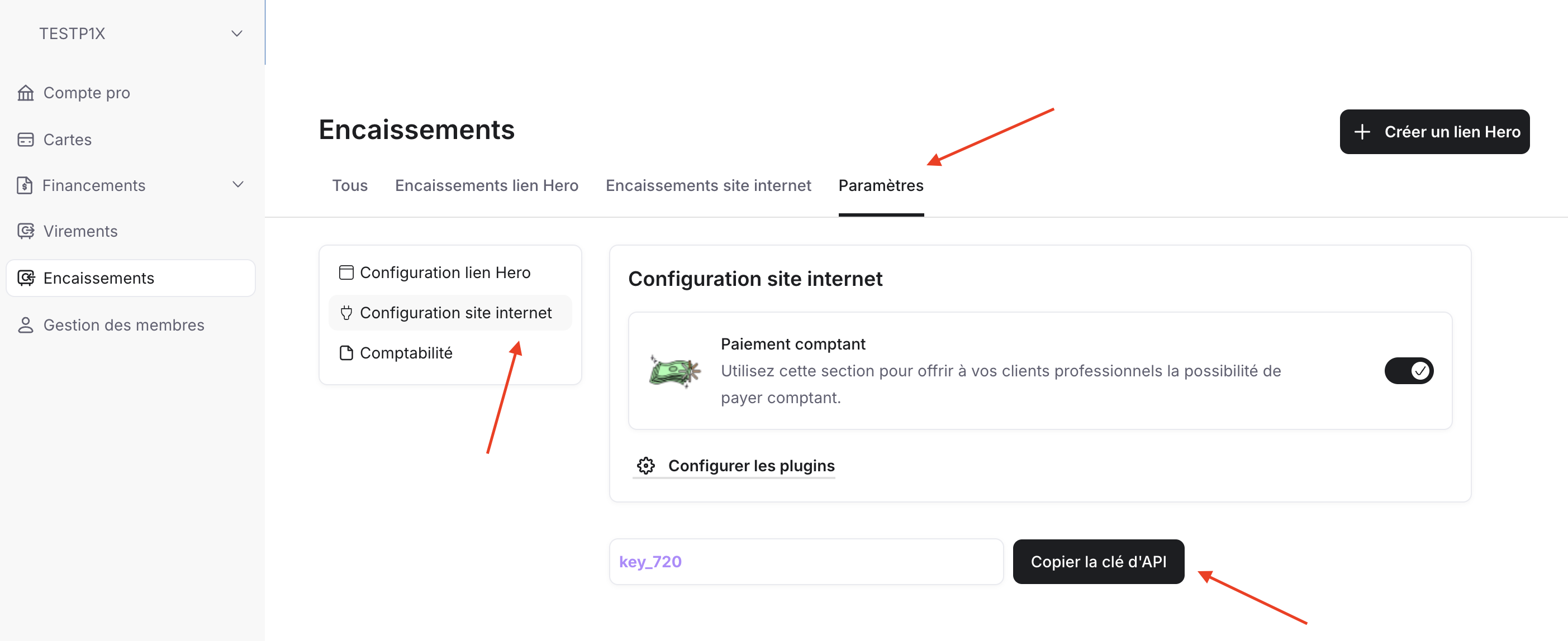 Bouton Copier la clé API